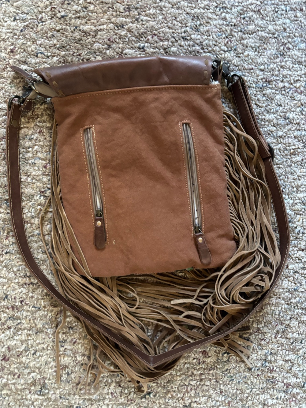 Myra Bag Brown Leather Fringe Crossbody with Aztec Textile - Picture 6 of 9